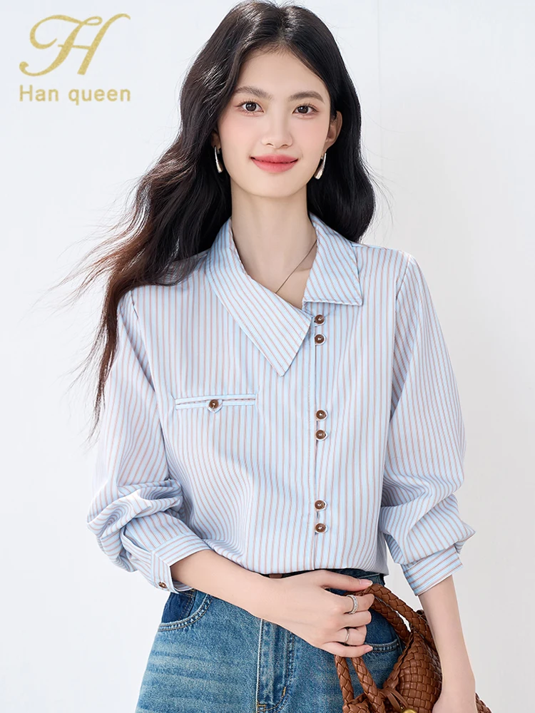 

H Han Queen New Autumn Shirts & Blouses Woman Clothing Vintage Long Sleeve Casual Top Chiffon Loose Elegant Stripes Blouse 2025