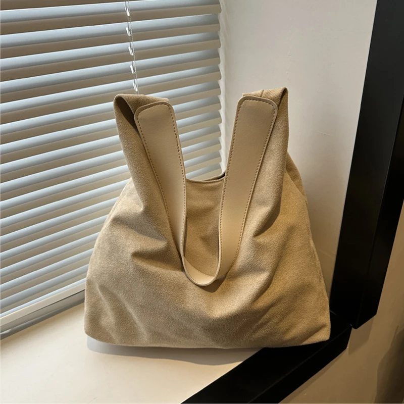 Vintage Damentasche, große Kapazität, Wildleder-Umhängetasche, einfarbig, schlichtes Design, lässige Pendler-Shopper-Tasche – Detail 20