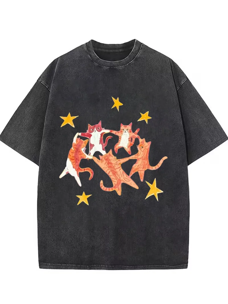 Cute Cartoon Party Cat with Star Elements Graphic T-Shirt, Retro Washed Crew Neck Short Sleeve Daily Streetwear Top Unisex