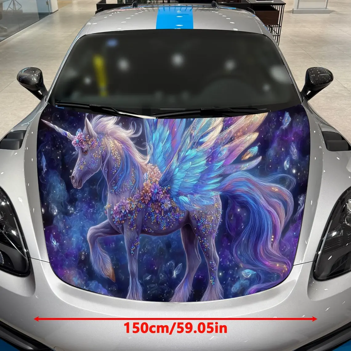 Star Field Floral Charm Unicorn Winged Beast Car Vinyl Wrap, PVC Material Waterproof Car Hood Sticker, Self-Adhesive Scratch-Res