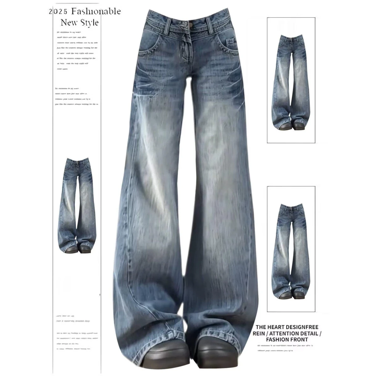 Calças Jeans Femininas de Design Americano Retrô, Corte Solto, Forradas com Fleece, Perna Larga, Comprimento até o Chão, Moda...