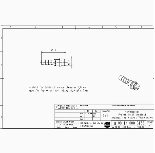 1pcs 09140006153 Harting 4.0MM Harting pneumatic male connector  Original genuine product