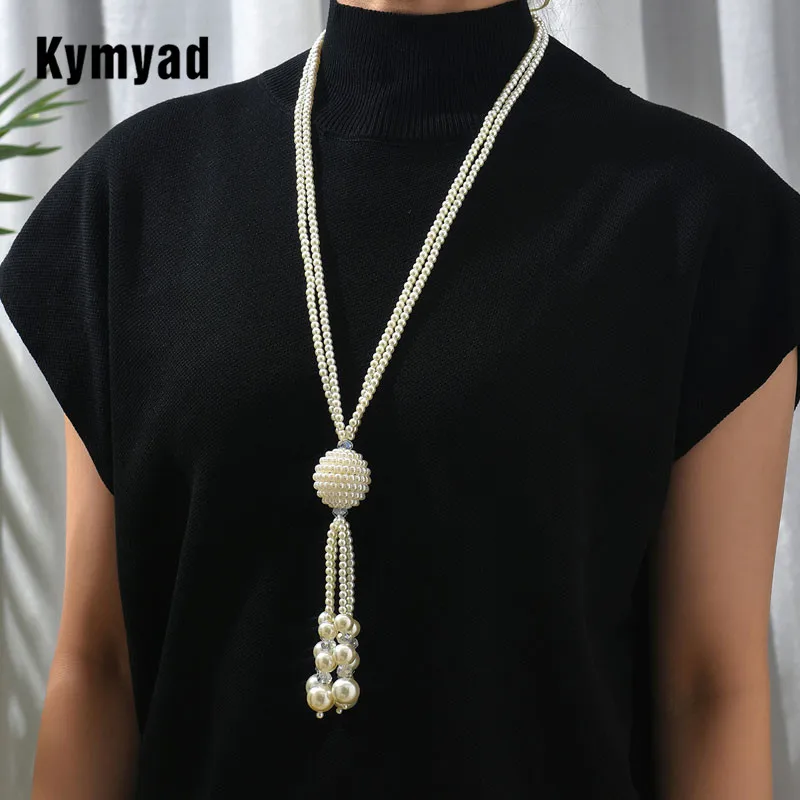 Kymyad Necklaces For Women Simulated Pearl Jewelry Necklace Double Layer Long Chain Necklace Big Ball Pendant Necklaces