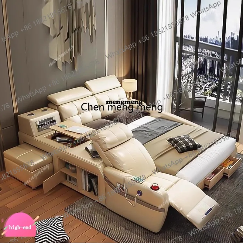 

Electric Storage Double Bed Multifonction Leather Tatami Massage Bed Minimalist Luxury Lit Intelligent Multifonctions Furnitures