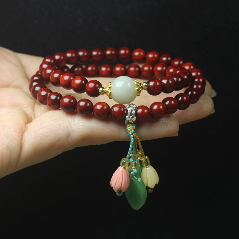 

Zambian Rosewood Blood Sandalwood 6mm Double-Layer Bracelet with Flower and Green Leaf Pendant, Decorative Buddhist Prayer Beads