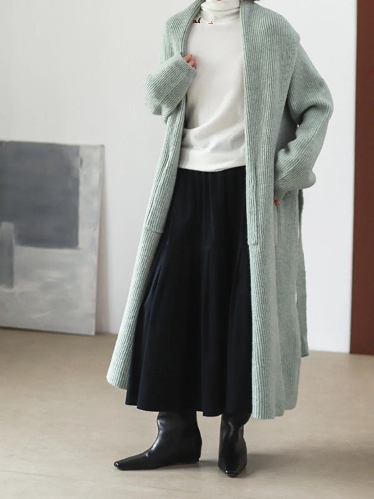 

Phil Dan Long H-Sle Sweater Jaet oulder Wrap Collar Belted Thiened Mixed Fiber Autumn Winter Long Open Cardigan