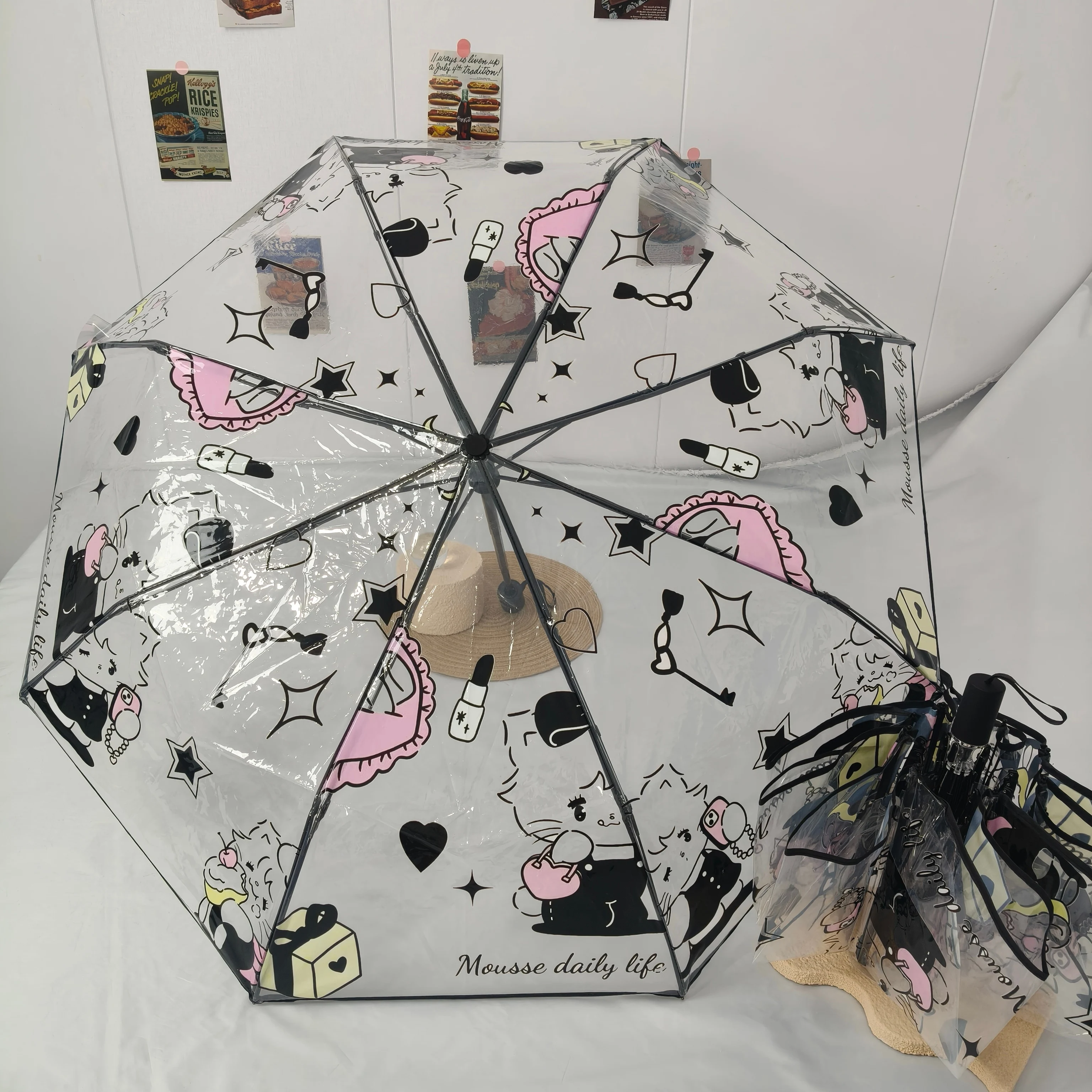 Neuer transparenter Regenschirm mit schwarz-rosa Katzenmotiv, faltbar, gerader Griff, verstärkt und verdickt, tragbar, windbeständig und regenfest
