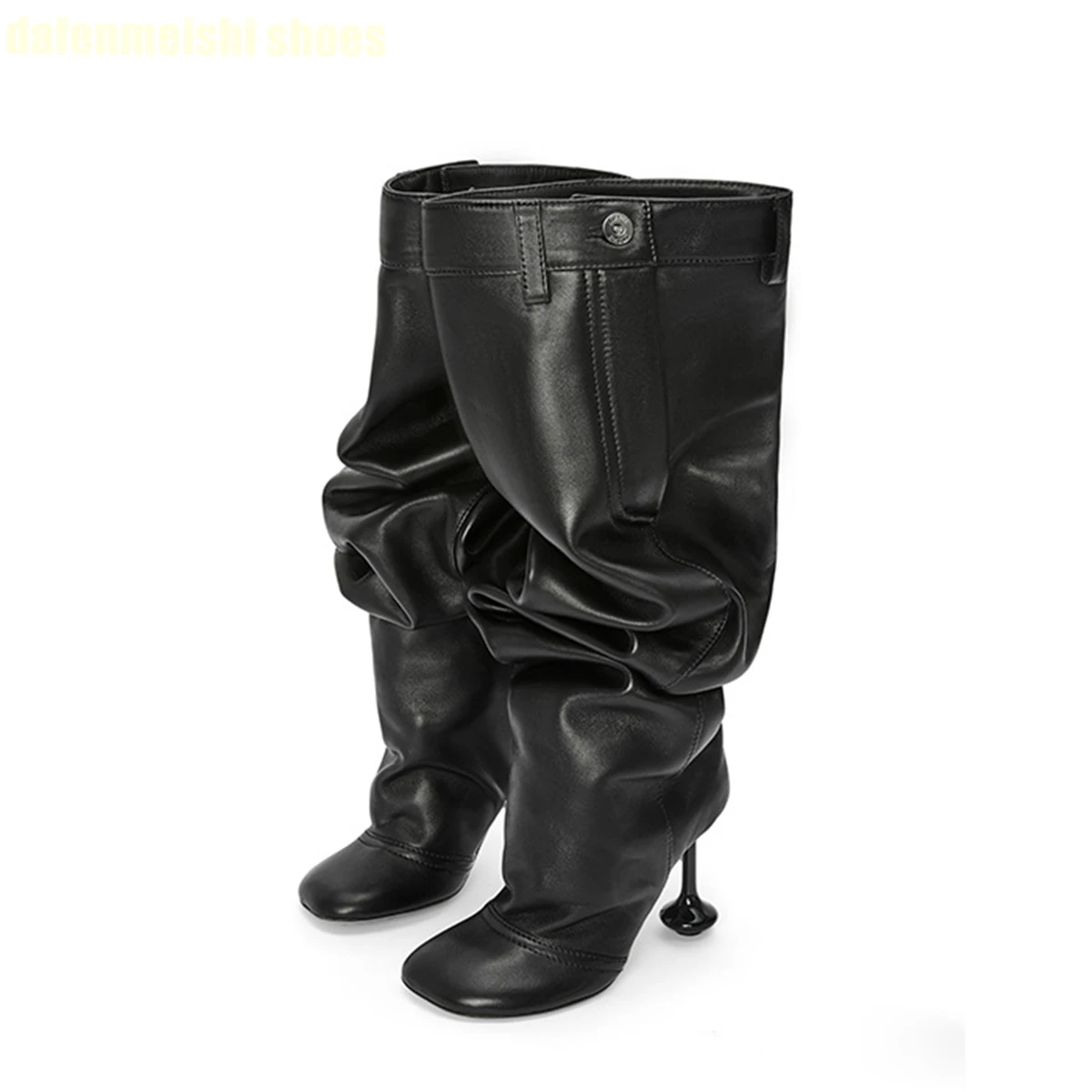 

2025 Spring Autumn Strange Style Heel Women Long Boots New Pleated Cowhide Belt Over Knee High Boots Women's Fashion Boots