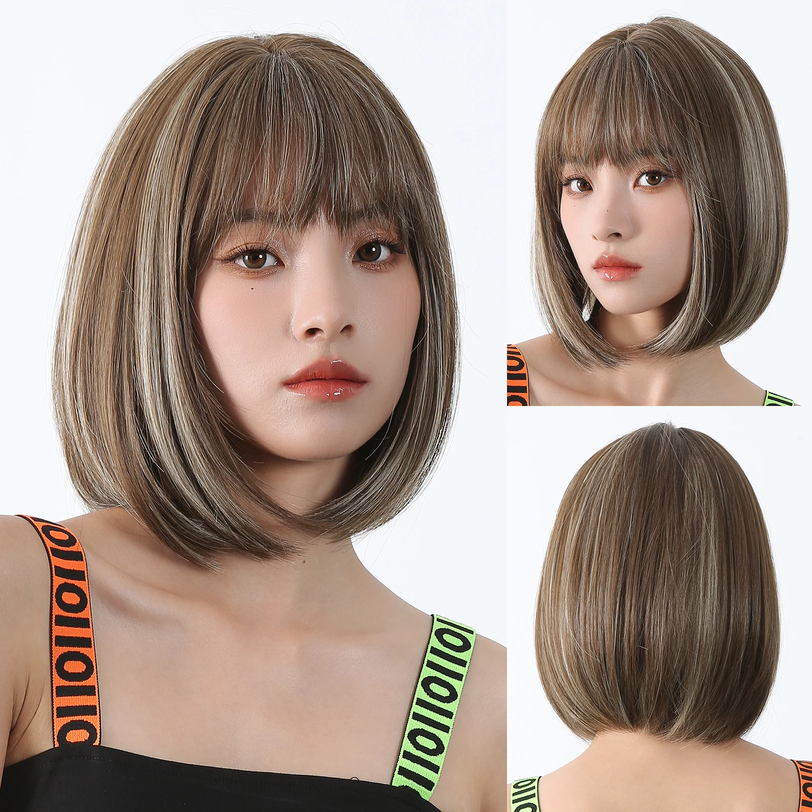 Short Highlight Bob Synthetic Wigs Straight Hair for Women Brown Wigs with Bangs Natural Daily Party Heat Resistant Fiber