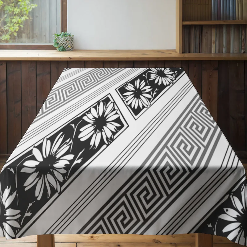الحديثة الشمال طاولة طعام القماش أسود أبيض الأزهار تصميم هندسي ثلاثية الأبعاد مطبوعة مستطيلة البوليستر المطبخ ديكور Tablecl #4