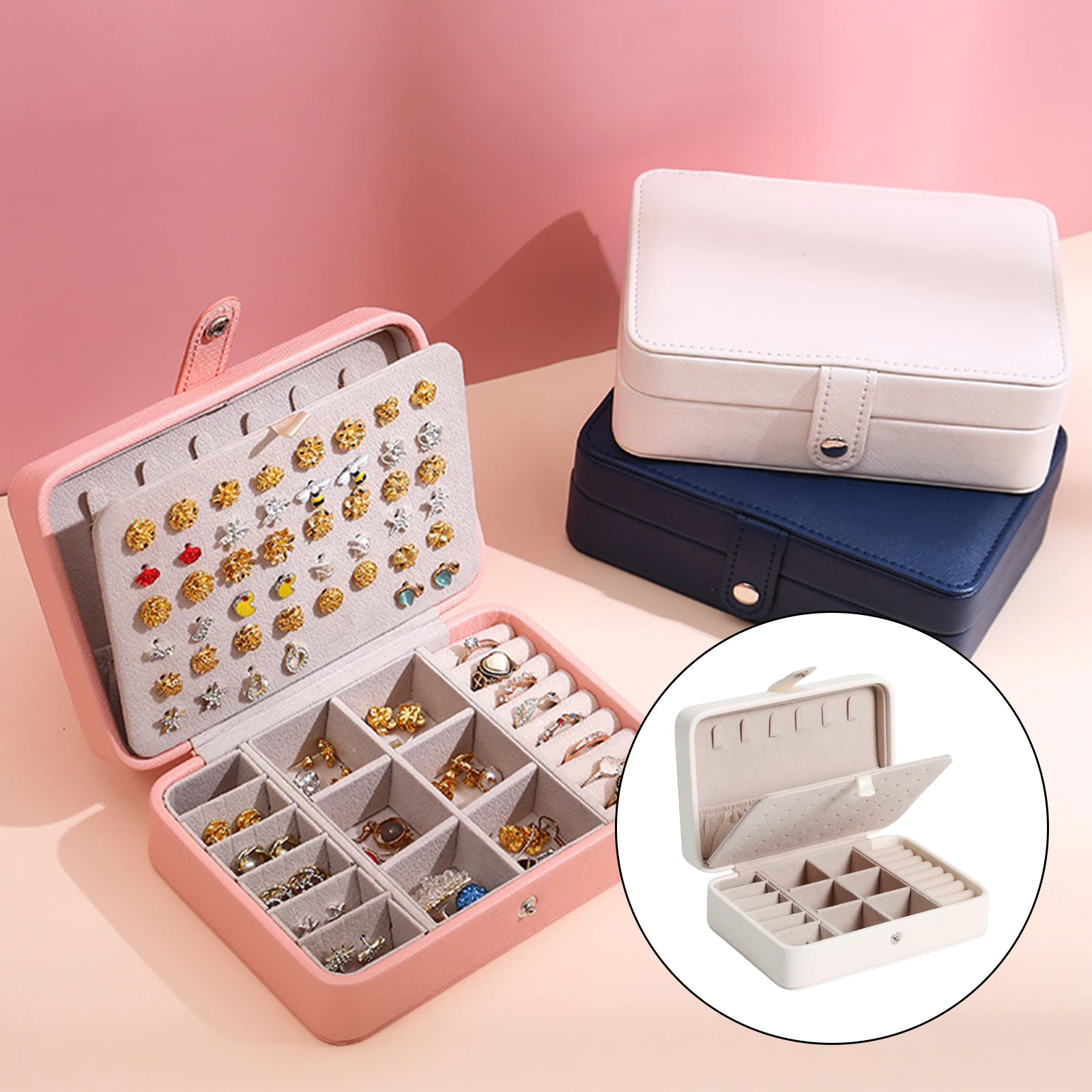 Jewelry Earring Ring Necklace Storage Box Holder with Double Layer PU Leather Jewellery Box Organiser Display Case for Girls