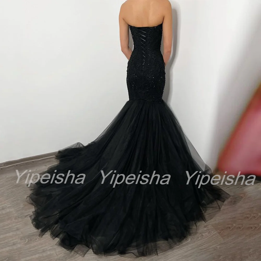 Vestido de novia de sirena de lujo, personalizado, con perlas, capa desmontable, apliques de corazón, diamantes de imitación, vestido de novia gótico negro