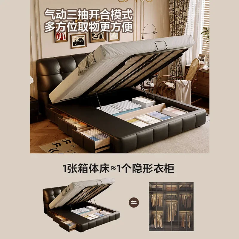 Puff leather bed retro cream style master bedroom double bed Italian minimalist medieval style storage leather bed