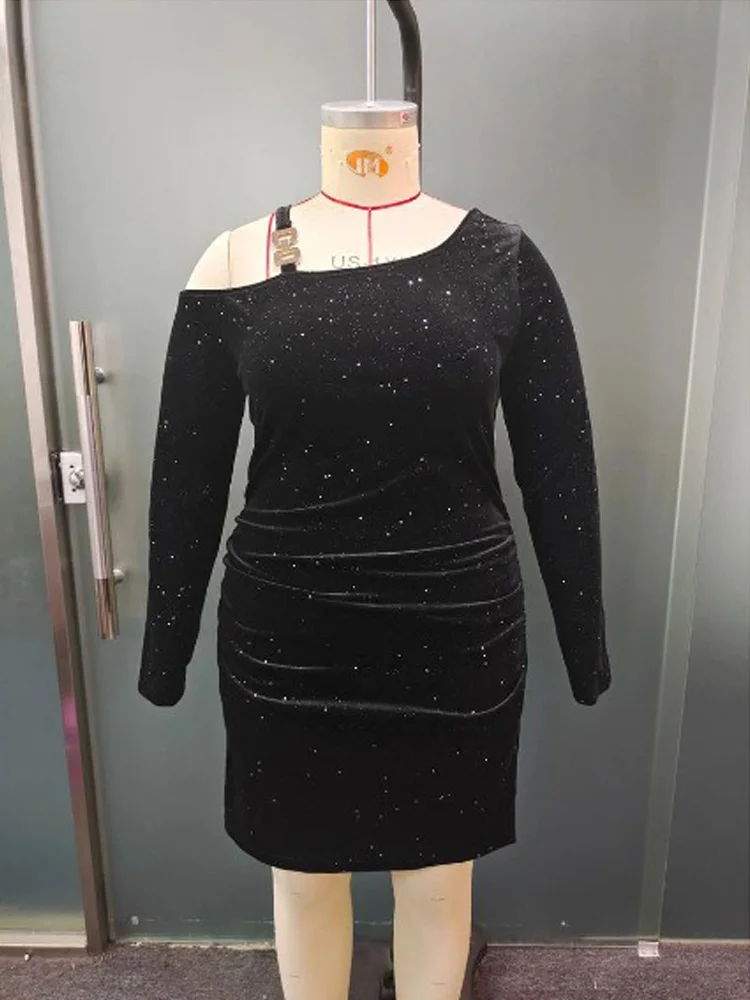 Gibsie Plus Size Vrouwen Sexy Ruches Bodycon Glitter Jurk 2024 Nieuwe Herfst Zwarte Lange Mouw Avondfeest Elegante Mini Jurken