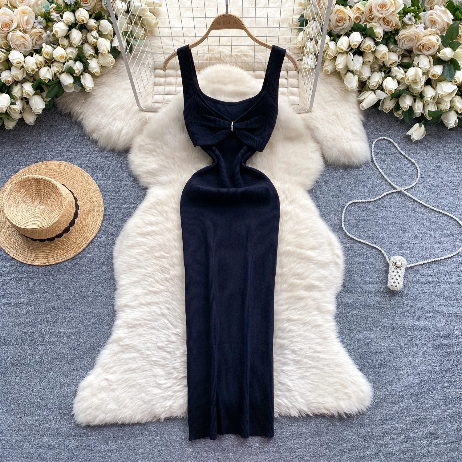 Vestido bodycon plissado de malha feminino, moda chique, quadris sexy, elástico, fino, streetwear longo, roupas de verão, 2024