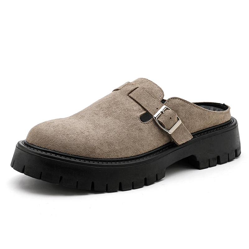 Mules Half Shoes For Men Large Size 38-46 Suede Leather Backless Casual Shoes Loafers Slippers Platform Open-back Slides Sandals