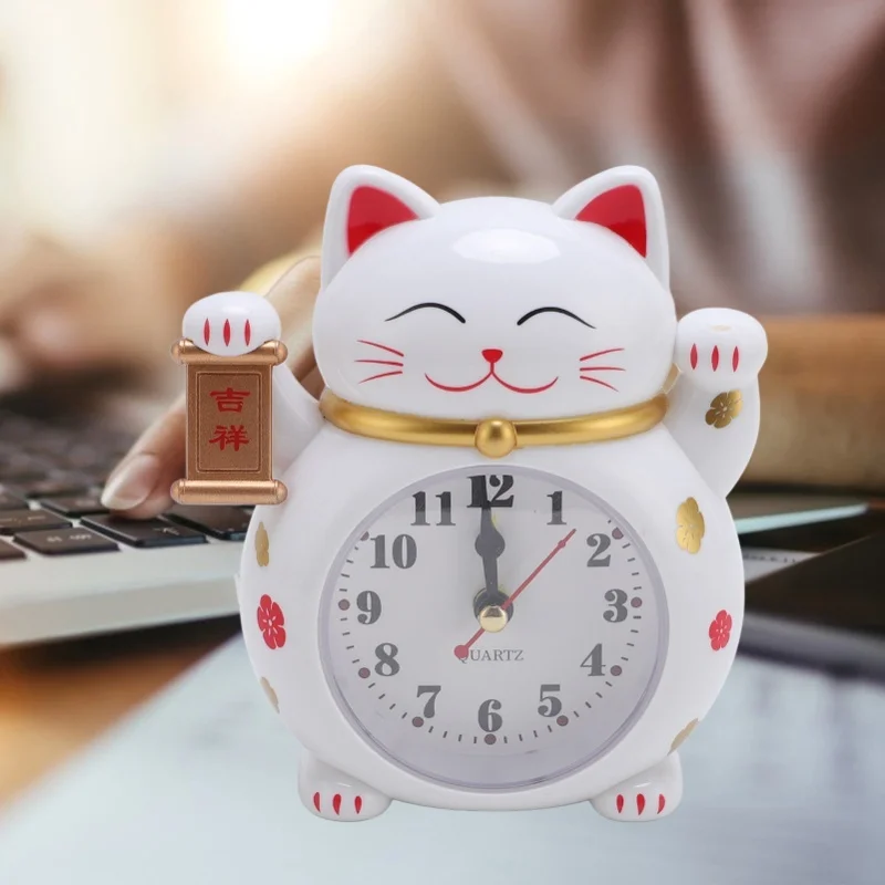 

D2 Lucky Cat Alarm Clock Desk Accurate Plastic Cute Cartoon Good Lucky Cat Car Clock Alarm Bedside Table Clock For Home White