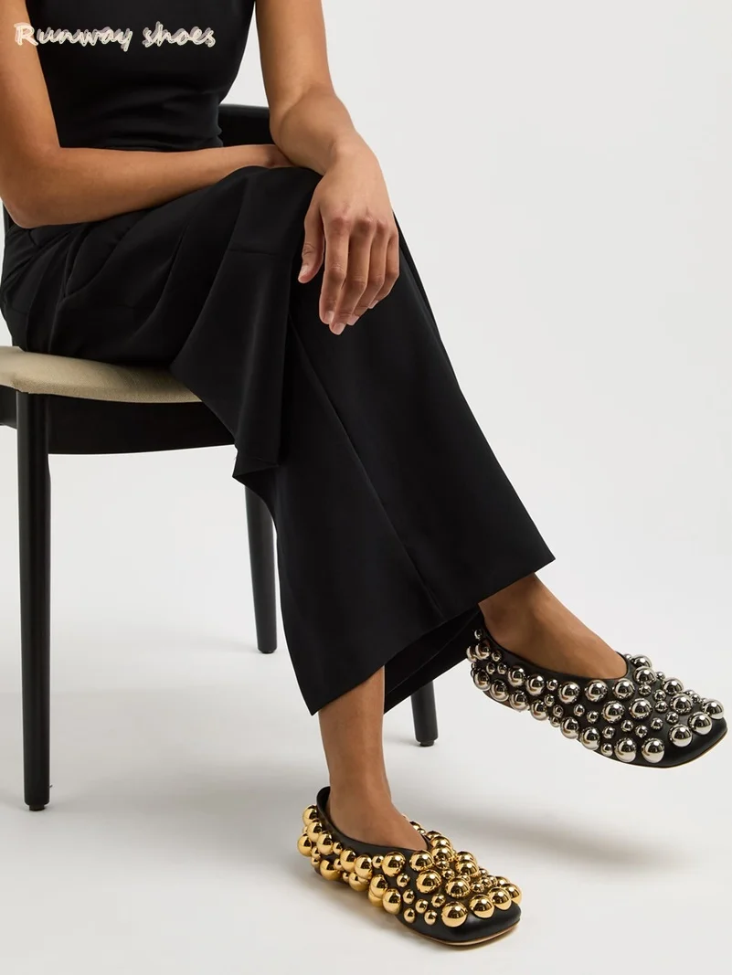 

Yellow And White Color Blocking Spring And Autumn Style Rivet Decoration Round Head Flat Women's Shoes French Low-cut Flats