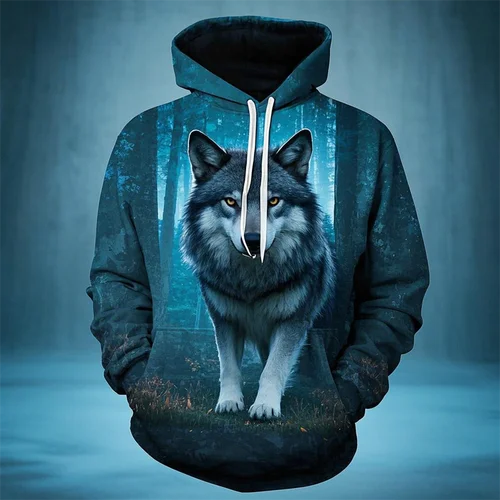 Imagen 2 del producto Sudadera con capucha Vintage para hombre, Tops con estampado de lobo en 3D, sudadera con capucha de manga larga con gráficos de animales a la moda, ropa de calle de gran tamaño, Tops Unisex 2025
