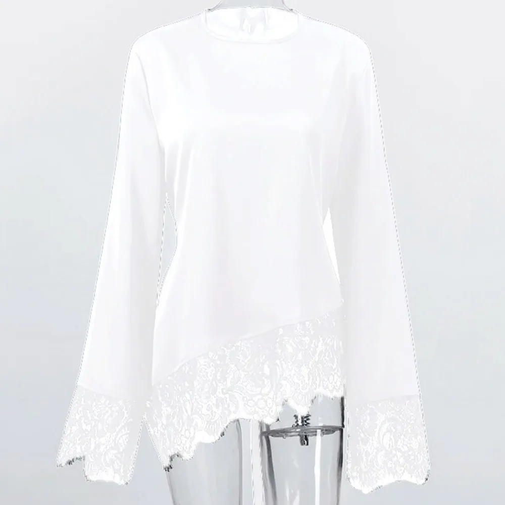 Satin Lace Patchwork Long Shirt Round Neck Waist-cinching Women's Lace-up Tops Lace Lower Hemline Solid Color Slim Belted Blouse