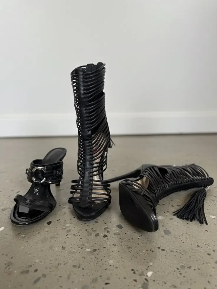 Black Hollow Round Toe Mid-Calf Women Sandals Boots Stiletto High Heels Fringe Back Zipper Design Large Size Shoes