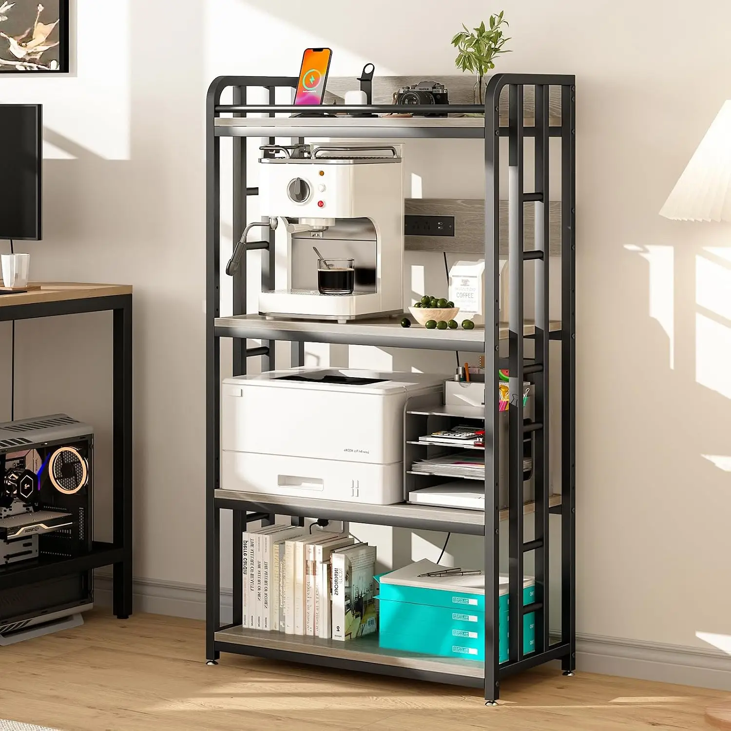 Microwave Stand 4 Tier Kitchen Bakers Rack Storage Power Outlet USB Charging Ports Rolling Kitchen Cart Lockable Wheels Adjustab