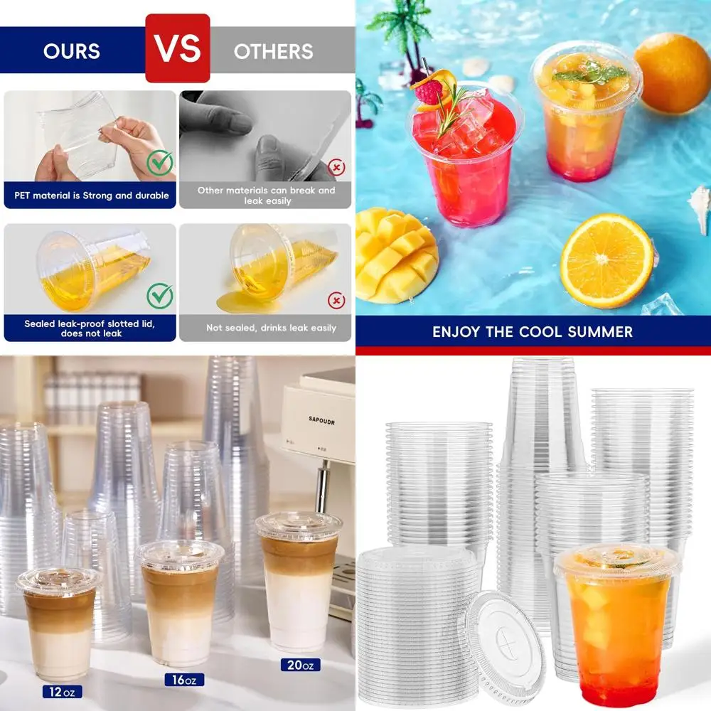 

12 oz Clear PET Plastic Cups with Lids, 500 Pack Disposable Cups for Beverages, Ideal for Parties and Daily Use