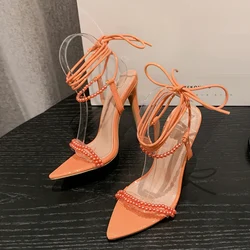 Liyke 2024 New Orange String Bead Women Sexy 11.5CM Sandals Fashion Ankle Cross Strap High Heels Summer Party Dress Shoes Pumps