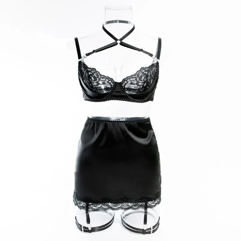 

4 Pieces Sexy Lingerie Sets Women Hot Halter Lace Bra and Panty Garters Mini Skirt Set Sissy Erotic Costumes Romantic Underwear
