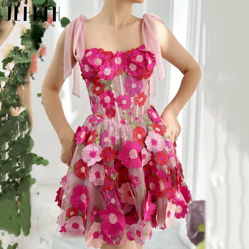 JEHETH Hot Pink 3D Floral Prom Dress Sweetheart Tulle Party Spaghetti Straps Backless Homecoming Gown Princess Vestido De Fiesta