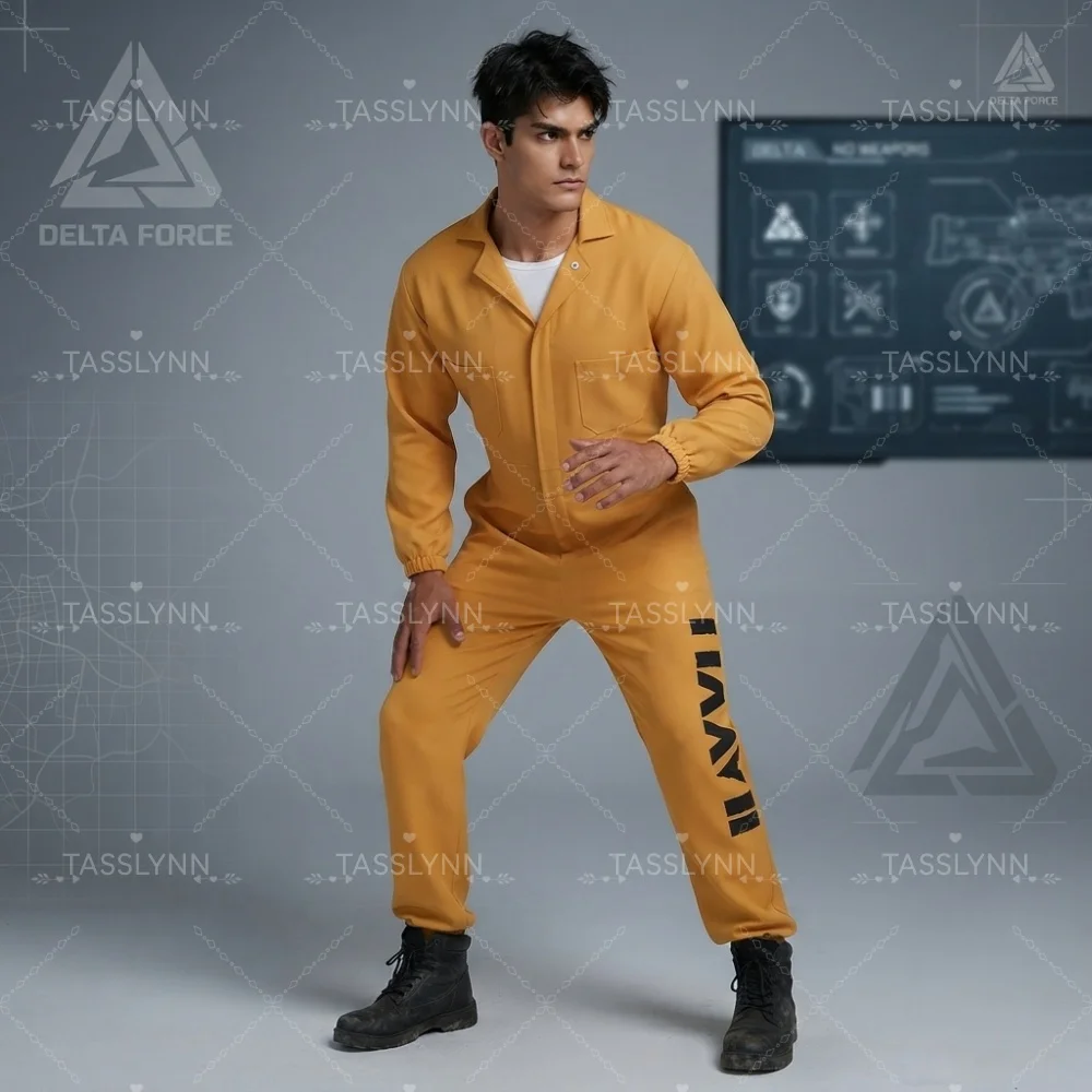 Tidal Prison Inmate Cosplay Yellow Jumpsuit, Lapel Zip Up One Piece Long Sleeve Cuffed Jumpsuit Prisoner Uniform for Theme Party view 4