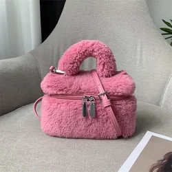 Winter Women's Artificial Lamb Wool Double Zipper Box Bag Design Fluffy Faux Fur Crossbody Bag Female Phone Pouch Purse Handbags