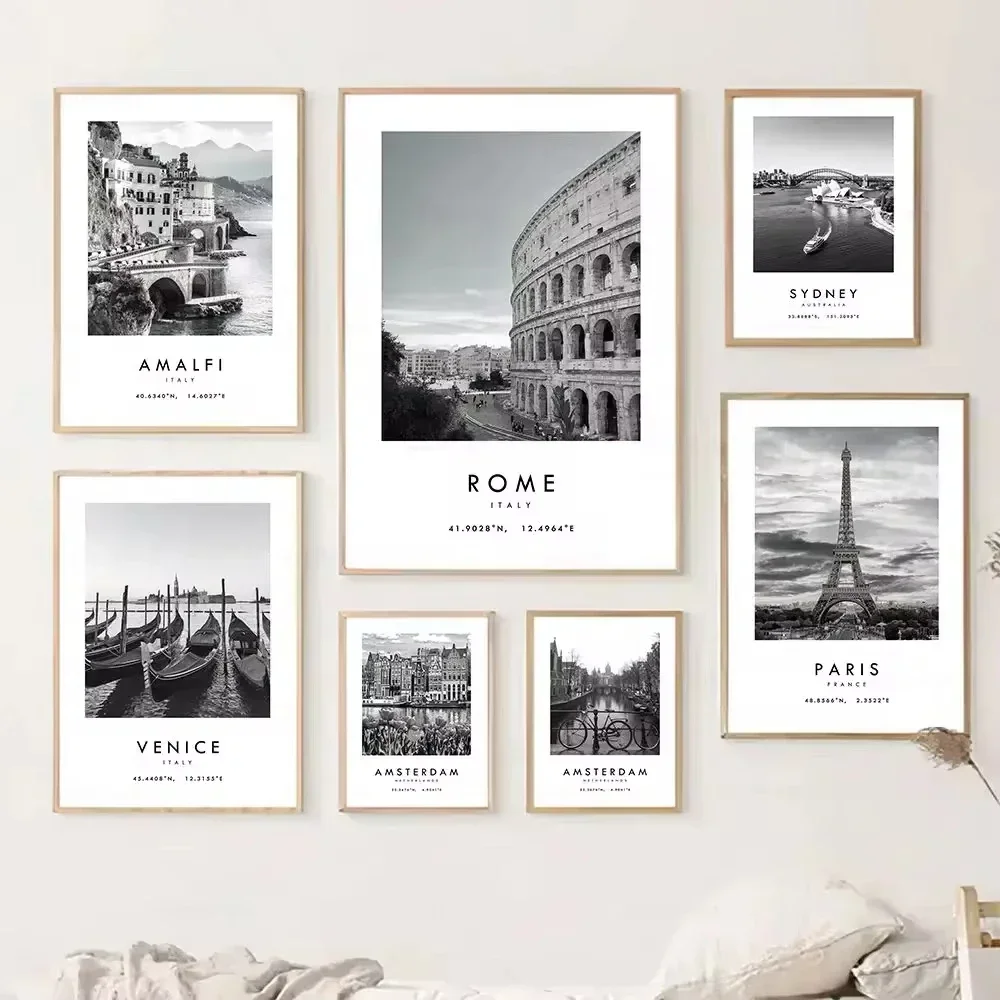 Minimalist Black White Travel Italy Australia Netherlands Landscape Posters and Prints Canvas Painting for Modern Home Decor