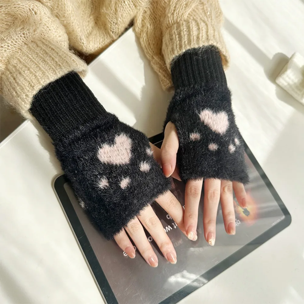

Cute Cat Paw Half Finger Gloves Thicken Fingerless Gloves Soft Warm Knitted Gloves Winter