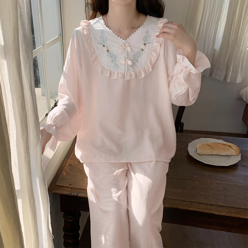 Autumn Women\'s Pajamas Sets Long Sleeve V-Neck Top Tee Button Down Elastic Waist Trousers Home Suit Spring Loungewear Sleepwear