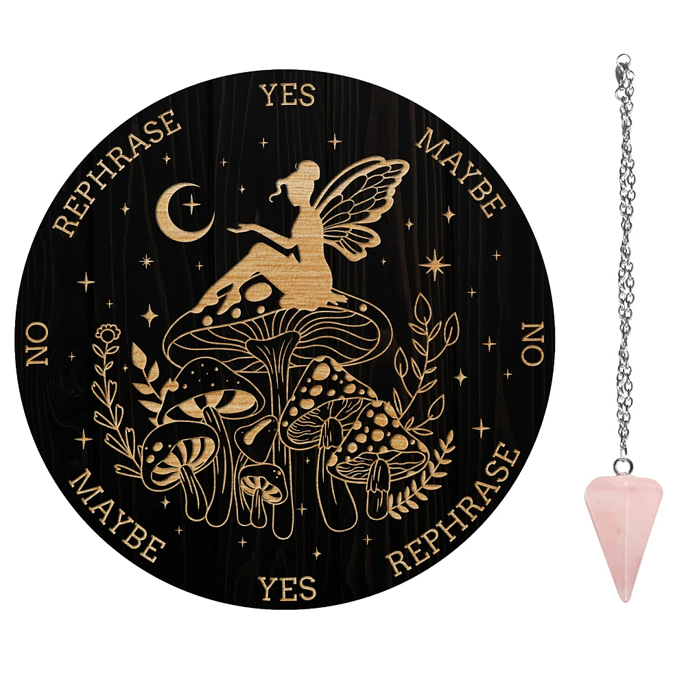 1Pc Wood Pendulum Board 1Pc 304 Stainless Steel Cable Chain Necklaces 1Pc Rose Quartz Stone Pendants for Supplies Fairy Pattern