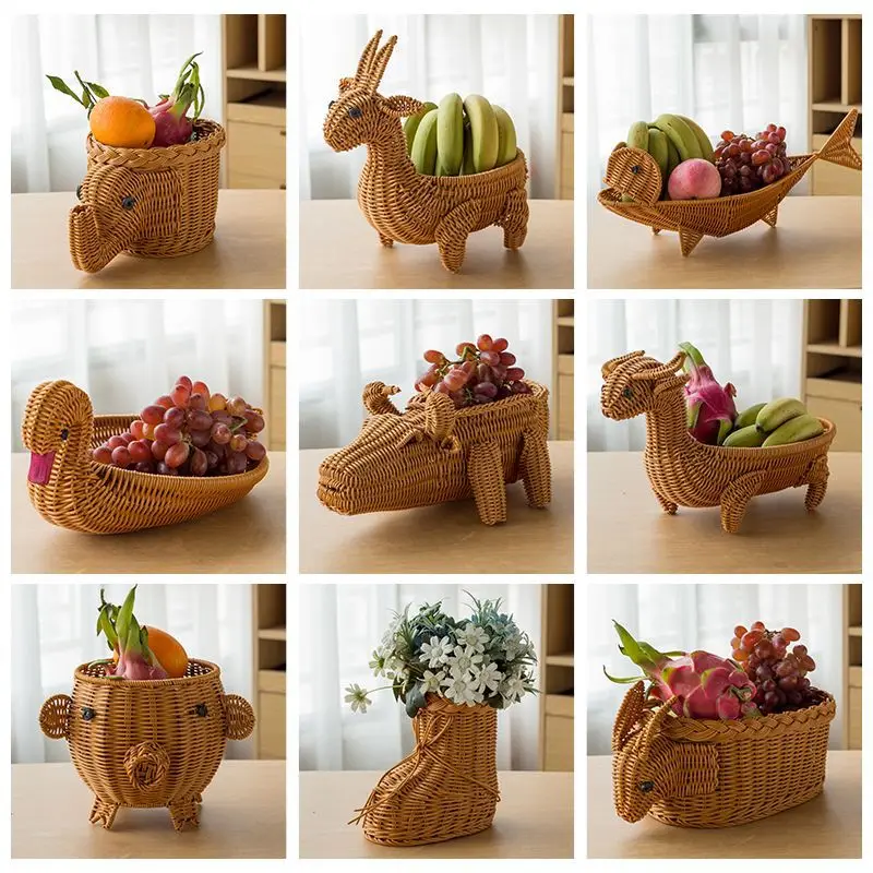 Rattan Woven Fruit Basket Cute Shape Fruit Bowls Tray Vegetable Snack Basket Novelty Animal Shaped Home Decor Organizer Handmade