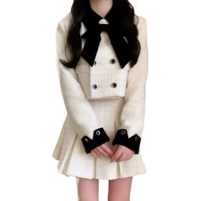

Petites Two Sets Spring Fashionable Lady New Small Fragrance Style High-grade Black Cuff Short Coat Top Women's High Waist Skirt