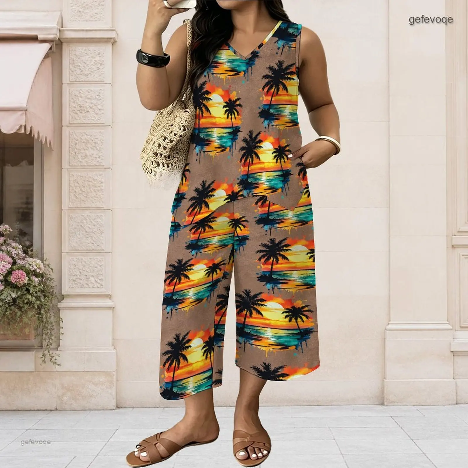 Women Blue White Floral Printed Sleeveless V Neck Asymmetric Top And Wide Leg Cropped Pants Two Piece Set