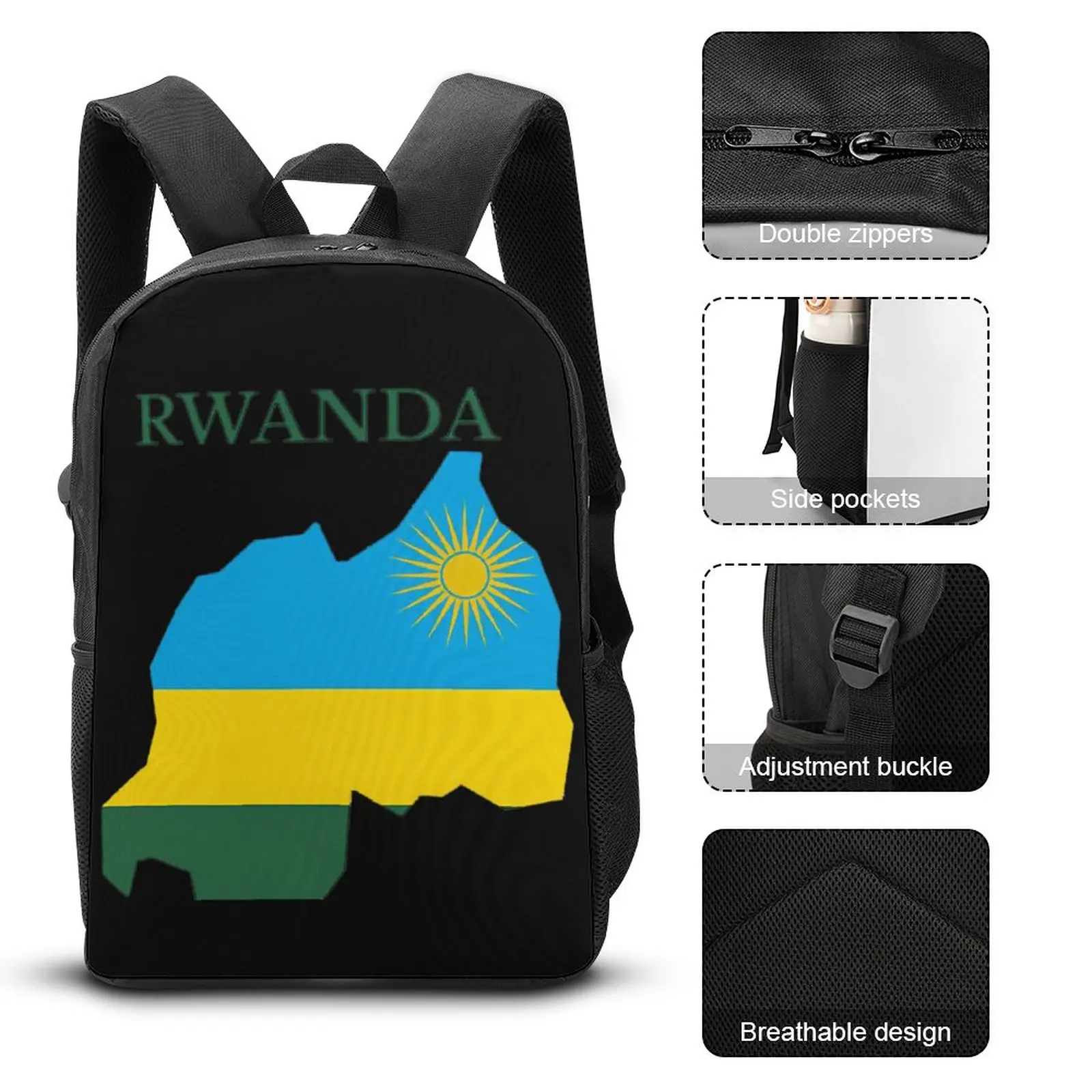 Rwanda Flag Map 3 in 1 Set 17 Inch Backpack Lunch Bag Pen Bag Travel Premium Secure Knapsack Cosy