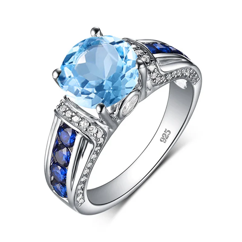 

Sterling silver gem rings blue topaz S925 genuine gemstone jewelry Brand Round Vintage Sapphire Rings for Women Bijoux