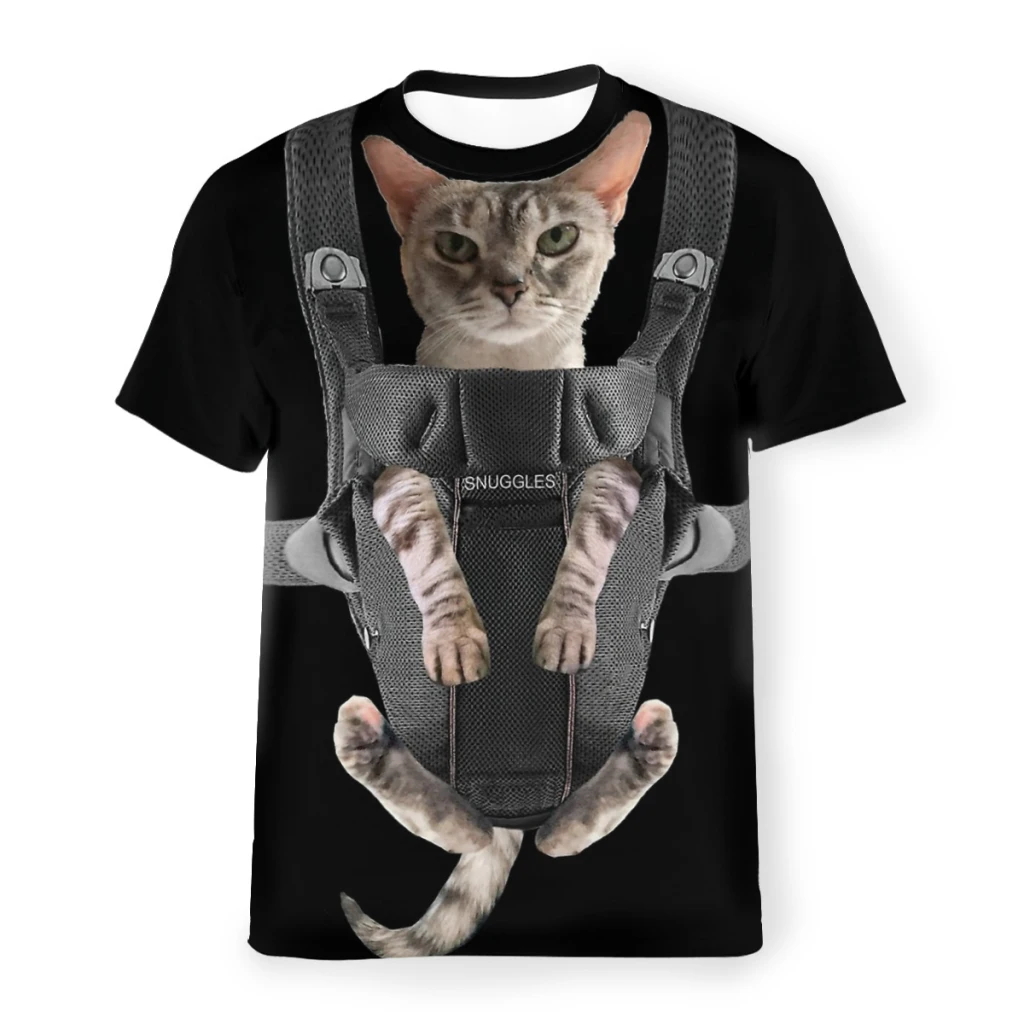 Polyester TShirts Cat in Baby Carrier Print Homme Thin T Shirt New Trend Tops