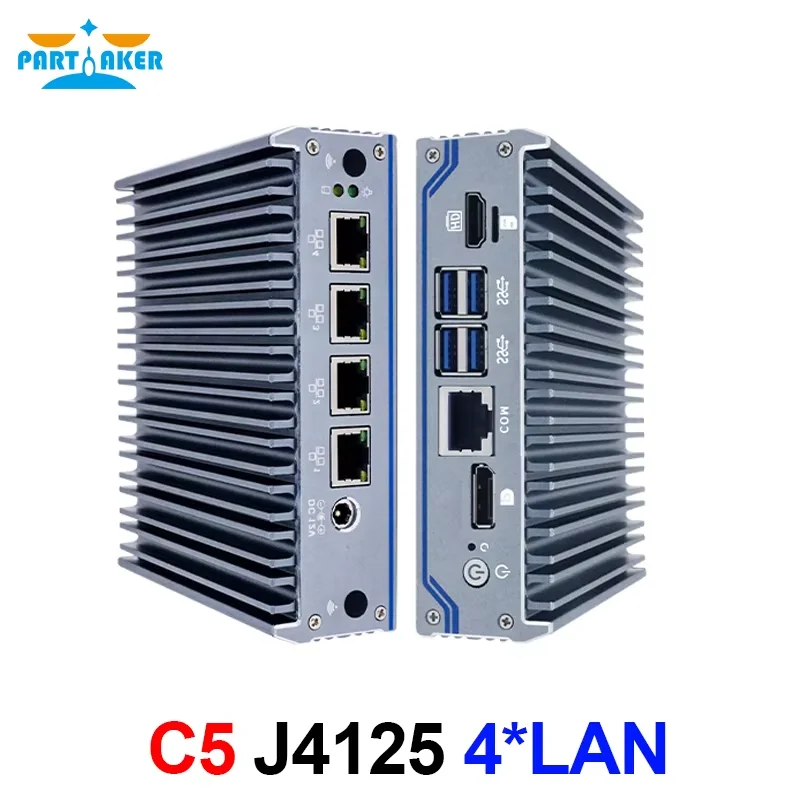 جهاز توجيه ناعم بدون مروحة J4125 جهاز جدار الحماية الصغير رباعي النواة 4 جهاز توجيه Intel Gigabit Mini PC DP HD فتحة SIM VPN pfSense جدار الحماية