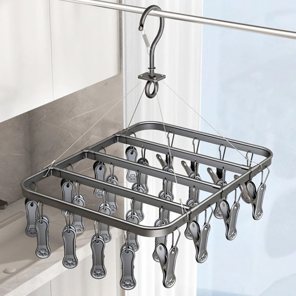 

1 pc 28 Clips Clothes Dryer Hanger aluminum alloy Rotatable Windproof Socks Underwear Drying Rack Home Storage Laundry Rack