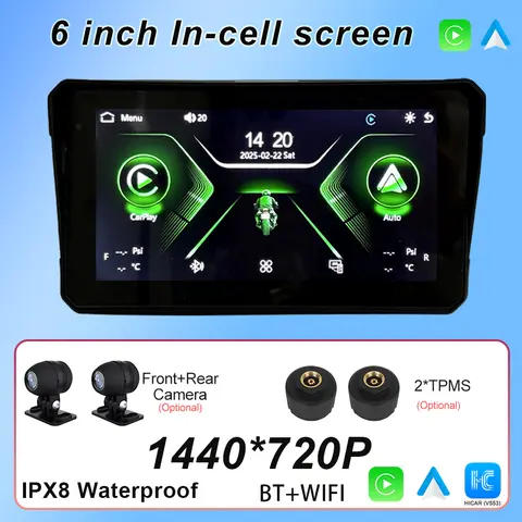6 인치 WiFi 무선 안드로이드-자동 오토바이 Carplay 방수 DVR 모니터 대시 캠 GPS 네비게이션 TPMS 휴대하기 쉬운