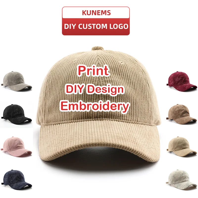 Kunems benutzer definierte Vintage Cord Hut für Männer und Frauen DIY Stickerei Baseball Caps Logo Design Druck Hüte weichen Zylinder Großhandel