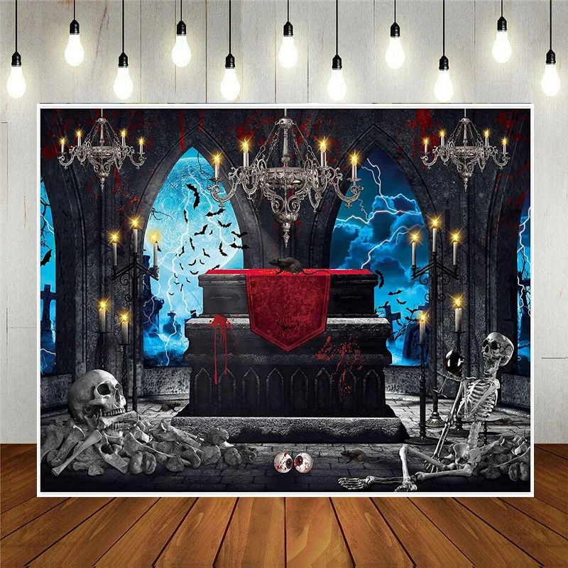 Halloween Vampire Crypt Backdrop Moonlight Medieval Castle Gothic Window Skulls Haunted House Banner Photography Background