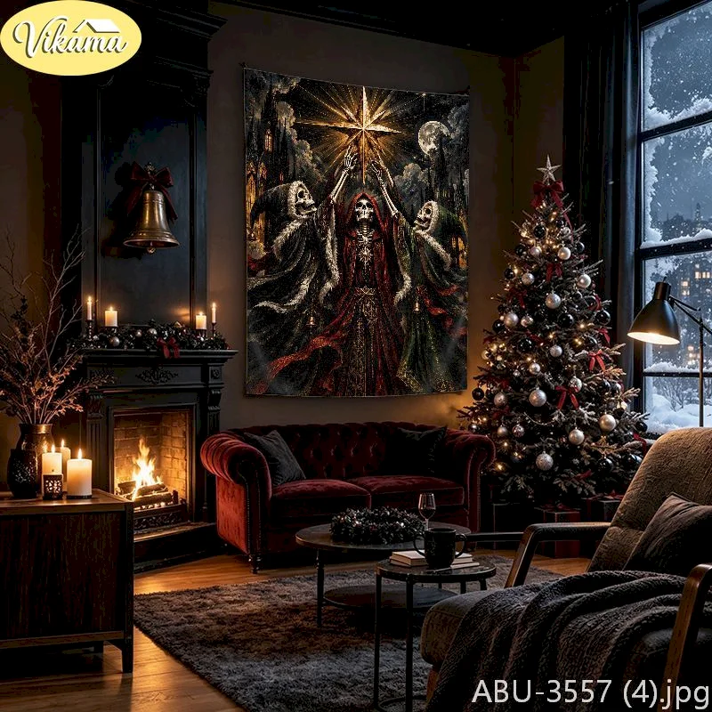 VIKAMA Gothic Christmas Tapestry Wall Hanging Hooded Skeletons Star Fireplace Tree Dark Academia Creepy Decor
