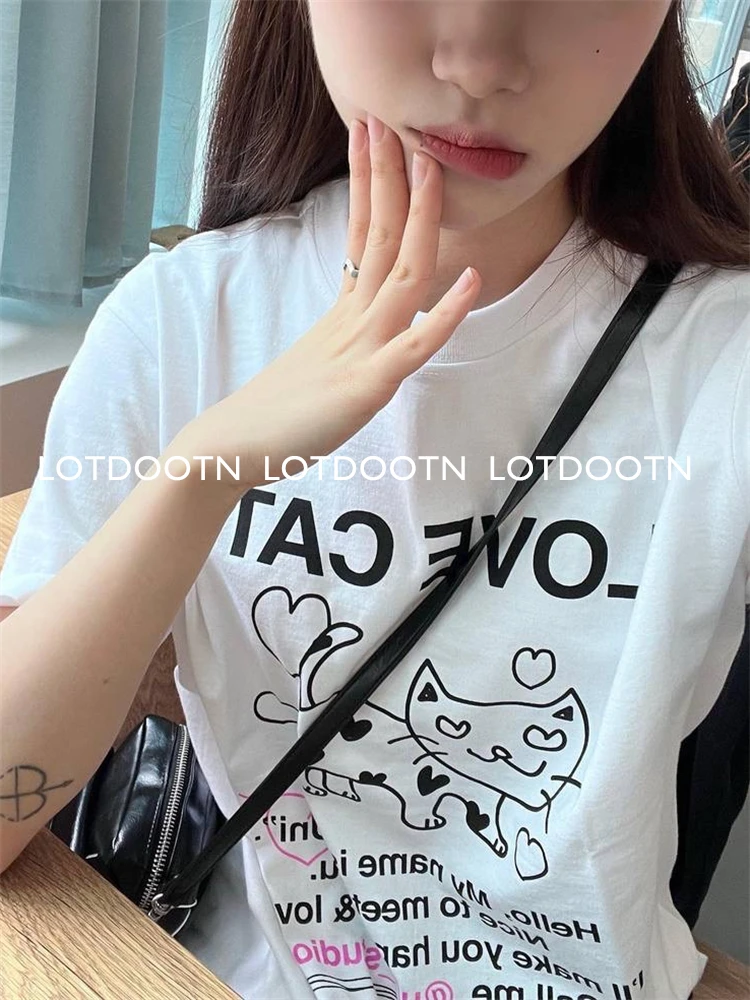 LOTDOOTN Pure Cotton Tops Y2k Cat Graphic Print Tees Letter Graphic Female Kawaii Cartoon Harajuku T-shirt Unisex Clothing Women