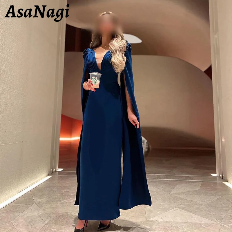 

AsaNagi Sexy V Neck Prom Gowns Women's Long Sleeve Party Evening Gown Back Slit Ankle Length Special Occasion Dress Saudi Arabia